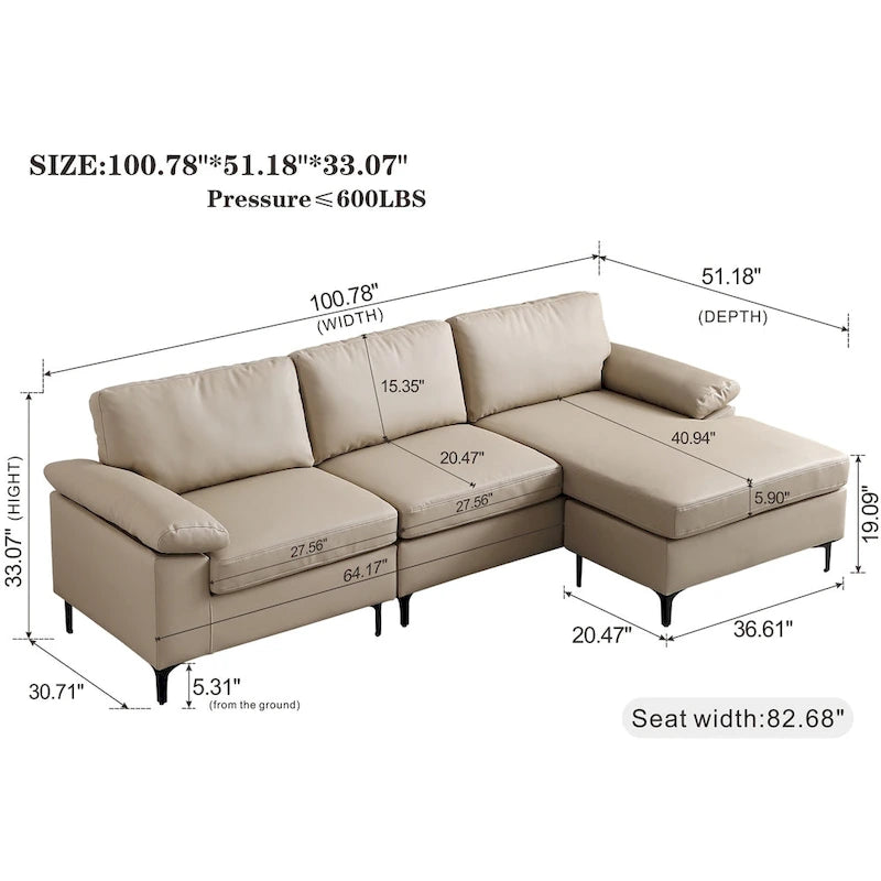 Reversible Chaise Sofa With Fluffy Cushions Metal Legs