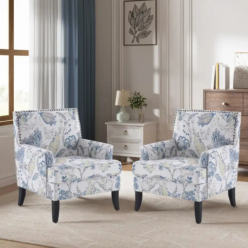 Akzentsessel als gepolsterter Leinensessel mit Nagelkopfbesatz und Holzbeinen, Nieten-Design