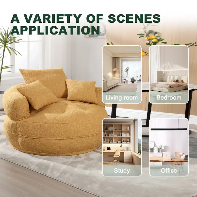 Gestoffeerde bouclé-kuipstoel voor de woonkamer met capitonnering en sierkussens
