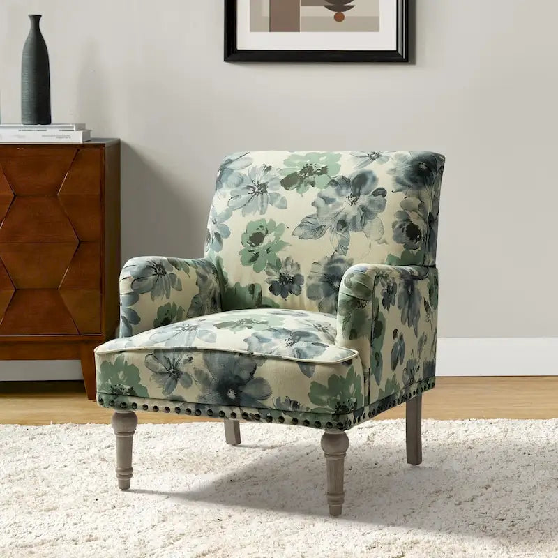 Fauteuil d’appoint rembourré à motif floral traditionnel Geltrude, avec pieds tournés, par HULALA HOME
