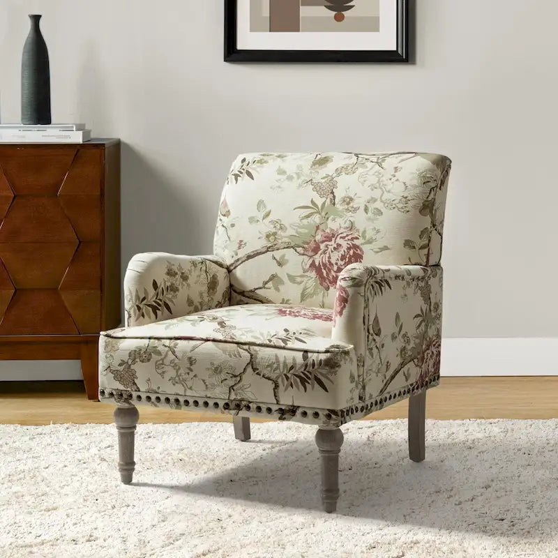Fauteuil d’appoint rembourré à motif floral traditionnel Geltrude, avec pieds tournés, par HULALA HOME
