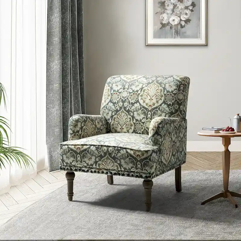 Fauteuil d’appoint rembourré à motif floral traditionnel Geltrude, avec pieds tournés, par HULALA HOME