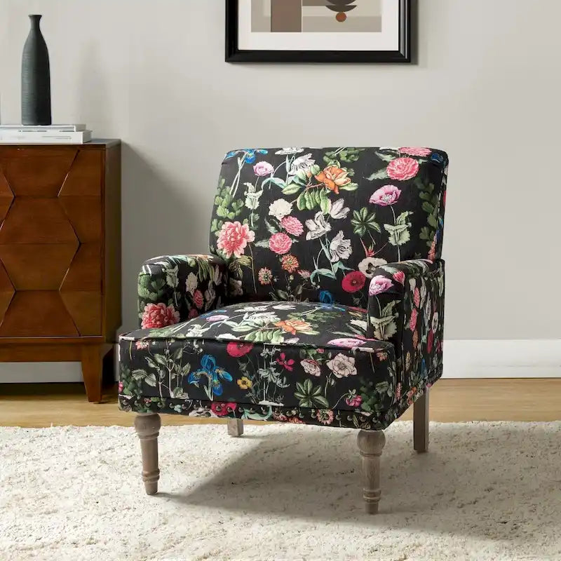 Fauteuil d’appoint rembourré à motif floral traditionnel Geltrude, avec pieds tournés, par HULALA HOME