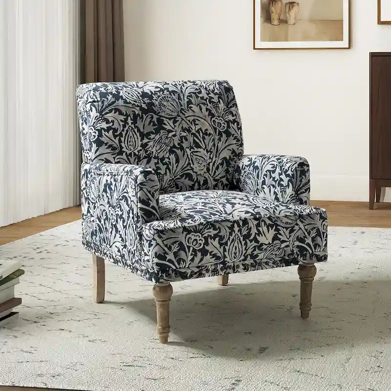 Fauteuil d’appoint rembourré à motif floral traditionnel Geltrude, avec pieds tournés, par HULALA HOME