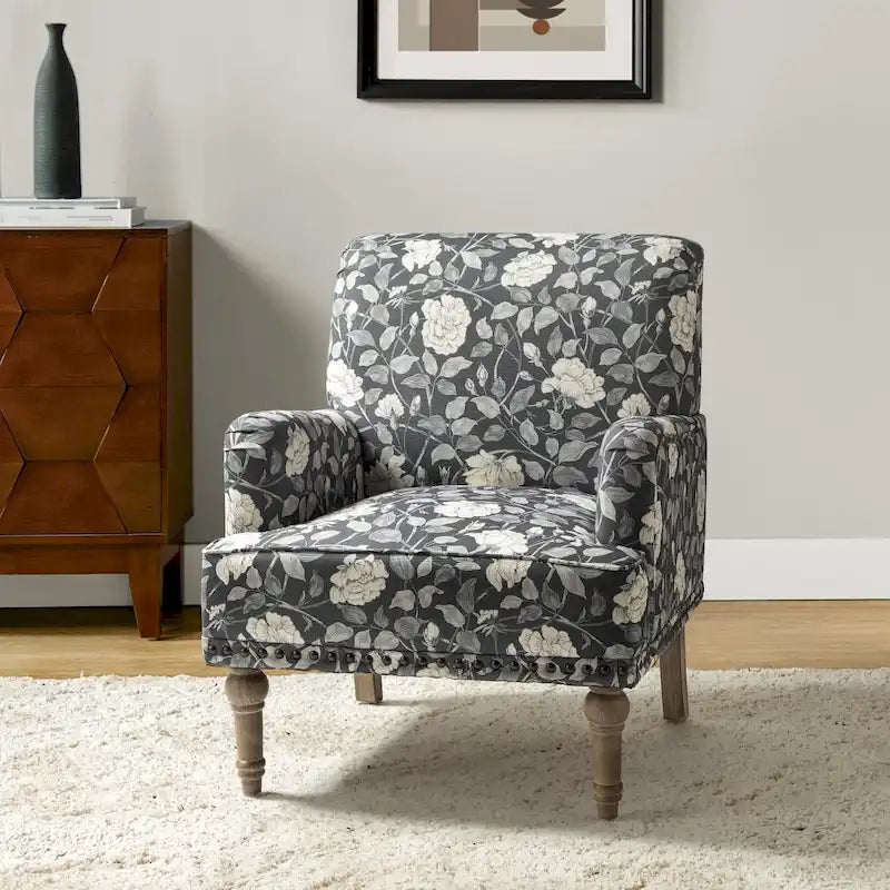 Fauteuil d’appoint rembourré à motif floral traditionnel Geltrude, avec pieds tournés, par HULALA HOME