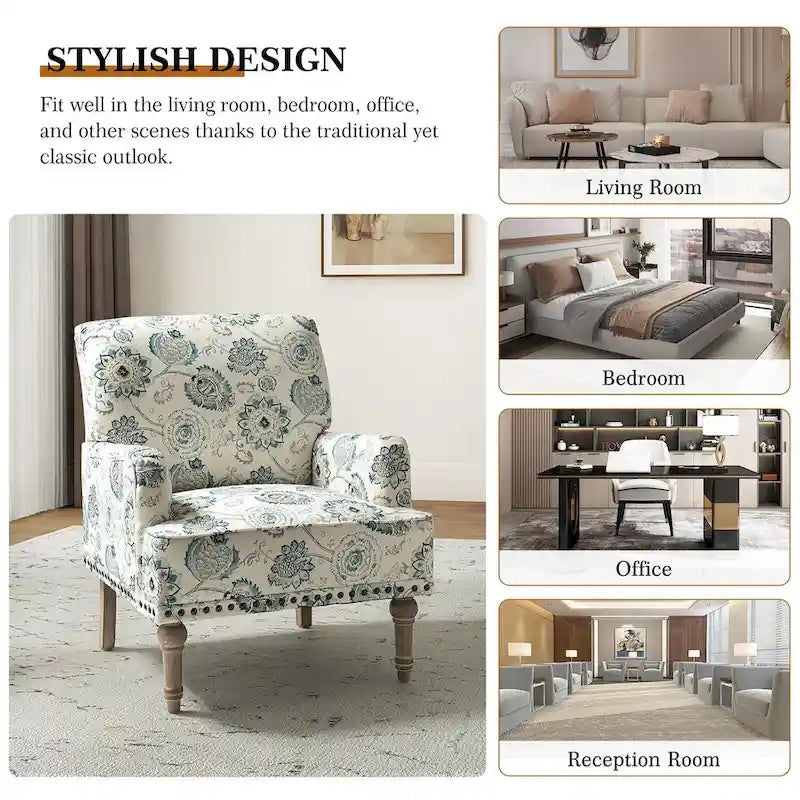 Geltrude Traditonal Floral Fabric Design Upholstered Accent Armchair with Turned Legs by HULALA HOME