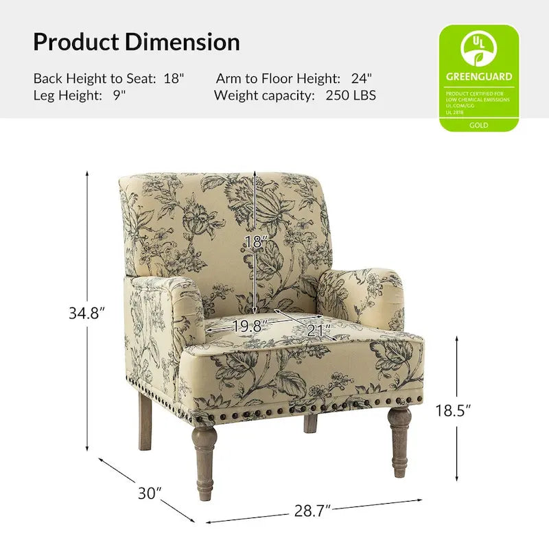 Geltrude Traditonal Floral Fabric Design Upholstered Accent Armchair with Turned Legs by HULALA HOME