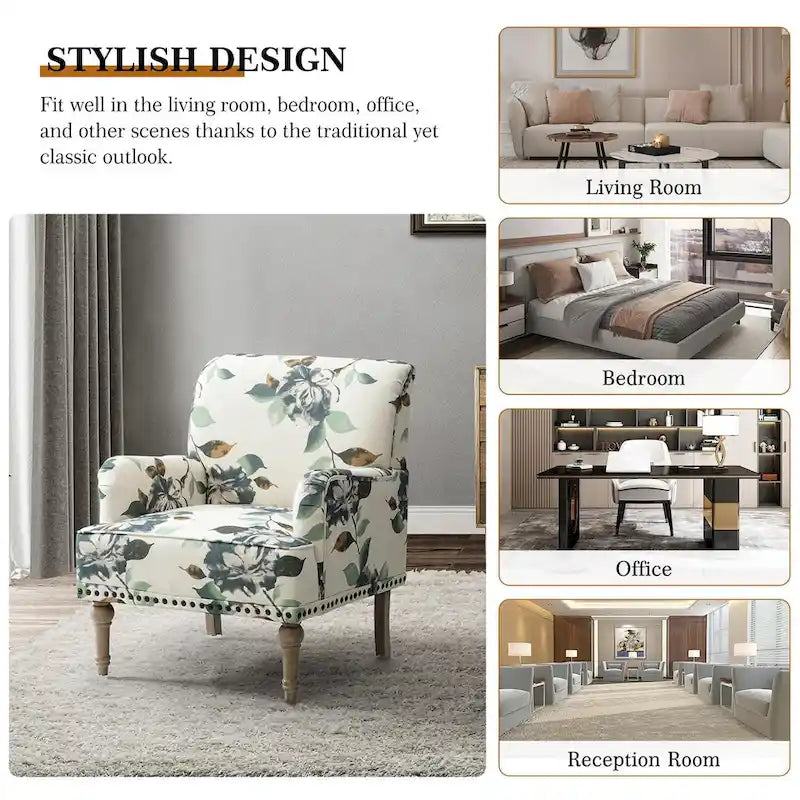 Geltrude Traditonal Floral Fabric Design Upholstered Accent Armchair with Turned Legs by HULALA HOME