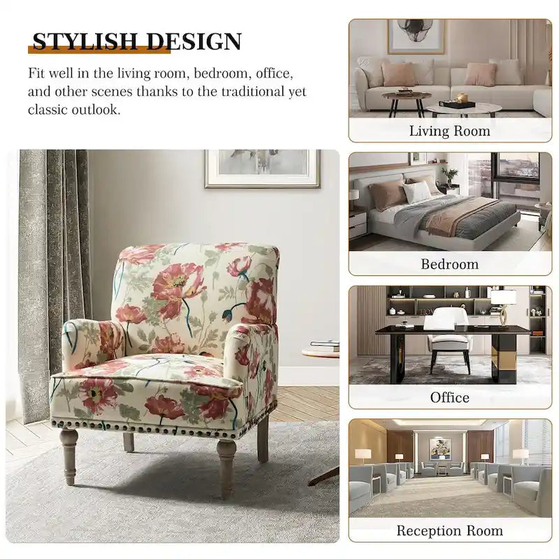 Geltrude Traditonal Floral Fabric Design Upholstered Accent Armchair with Turned Legs by HULALA HOME