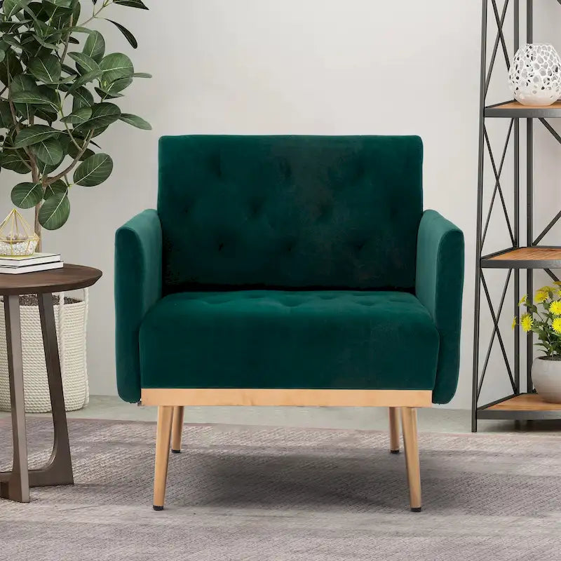 Sillón decorativo tapizado de terciopelo con capitonado y patas doradas