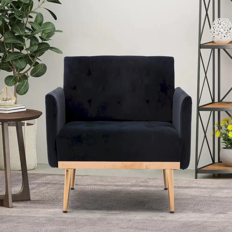 Sillón decorativo tapizado de terciopelo con capitonado y patas doradas