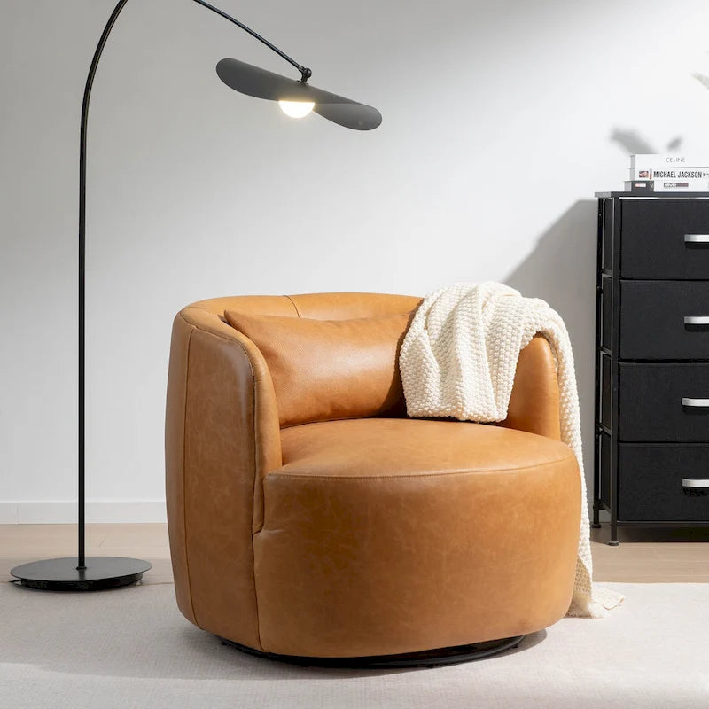 KINWELL Modern Top Grain Genuine Leather Swivel Armchair with Pillow