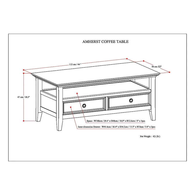 SOLID WOOD 44-Inch Wide Rectangle Transitional Coffee Table in Hickory Brown