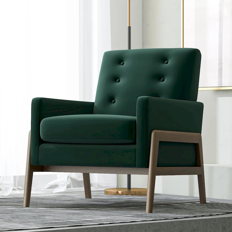 Sage Mid Century Modern Forest Green Velvet Lounge Chair w/ Walnut Brown Legs - 33