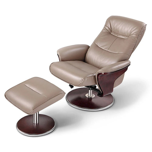 Sillón reclinable giratorio moderno Milano de Artiva USA, de madera curvada y piel color latte, con juego de otomana