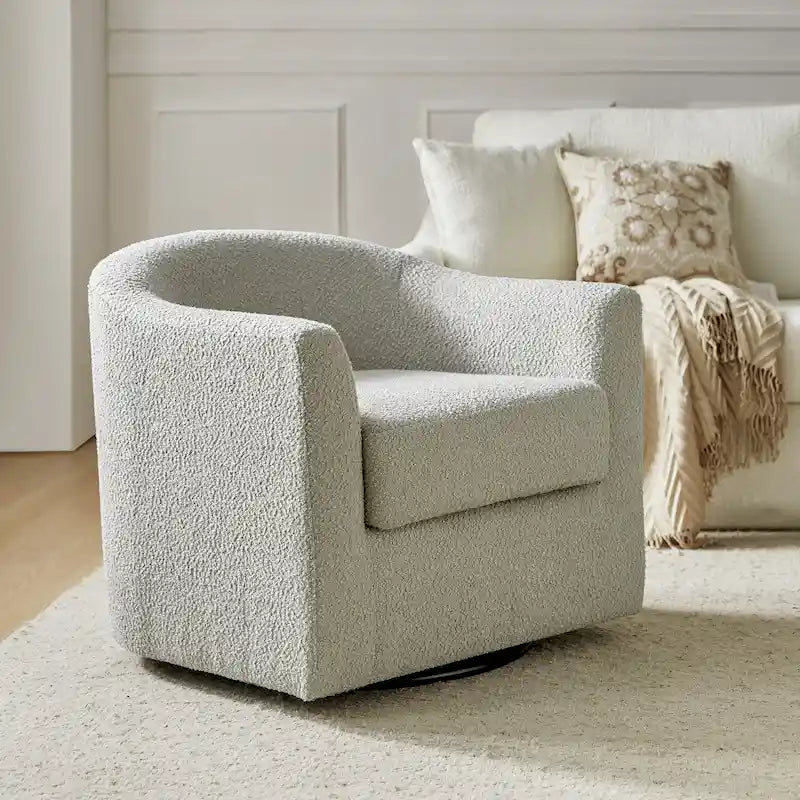 Sillón giratorio tipo barril Rita, moderno y ergonómico, tapizado en bouclé, de HULALA HOME