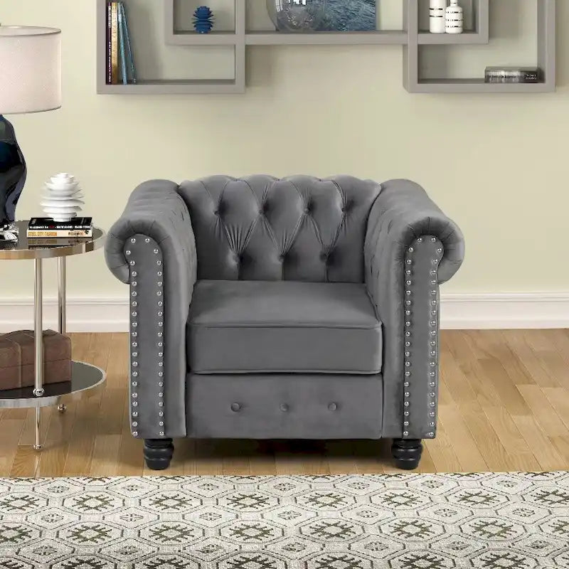 Sillón Chesterfield de terciopelo Morden Fort, sillón tapizado con capitoné de botones, tachuelas decorativas y patas de madera maciza para sala de estar