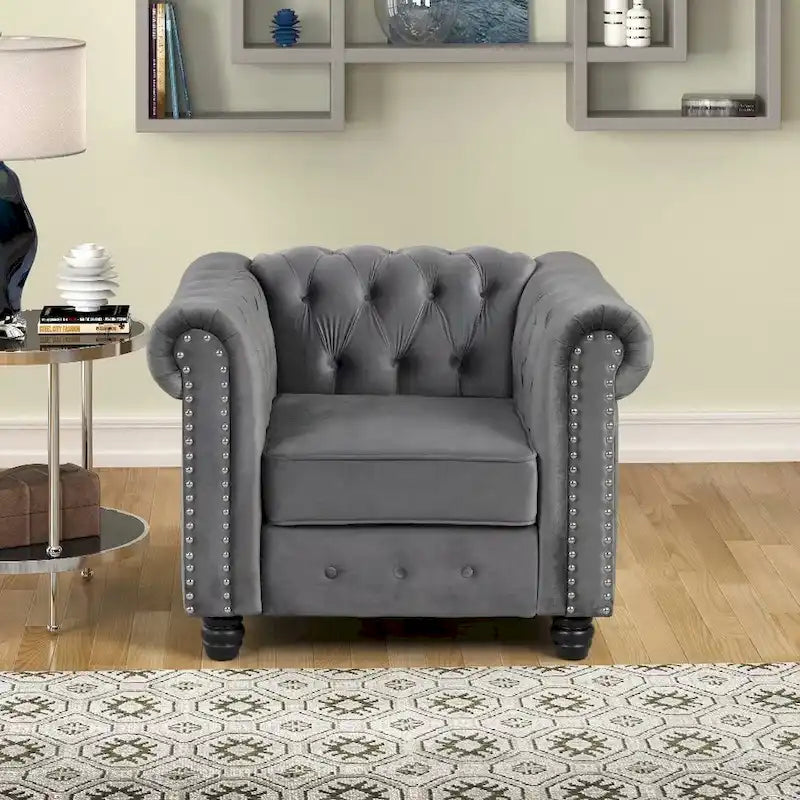 Morden Fort Velvet Chesterfield Club Chair,Button Tufted Upholstered Armchair with Nailhead and Solid Wood Legs for Living Room