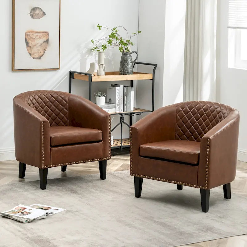 Sillón club KINWELL de piel sintética de 29 pulgadas con reposabrazos y tachuelas decorativas, juego de 2