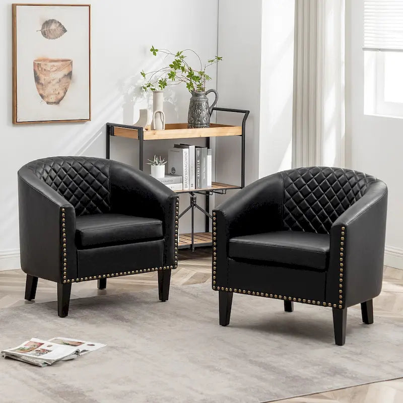 Sillón club KINWELL de piel sintética de 29 pulgadas con reposabrazos y tachuelas decorativas, juego de 2