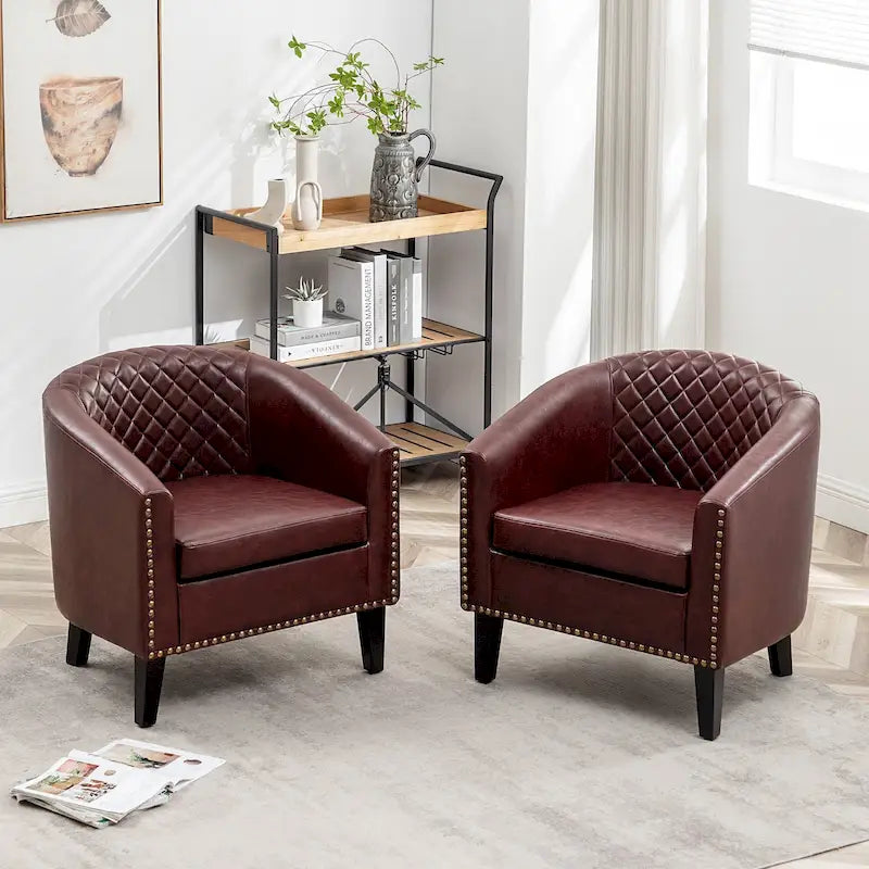 Sillón club KINWELL de piel sintética de 29 pulgadas con reposabrazos y tachuelas decorativas, juego de 2