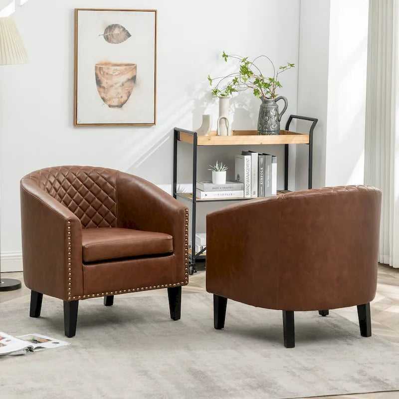 KINWELL 29 PU Faux Leather Club Armchair with Nailheads, Set of 2
