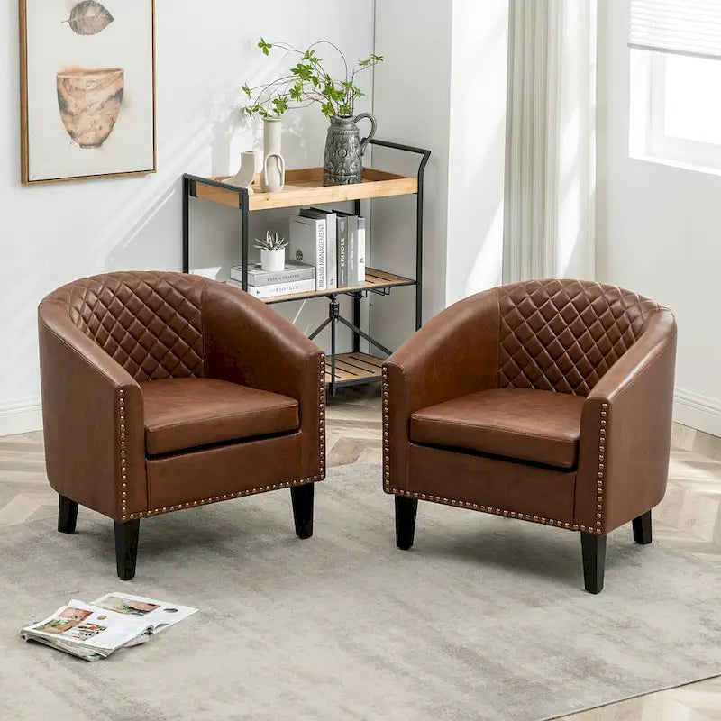 KINWELL 29 PU Faux Leather Club Armchair with Nailheads, Set of 2