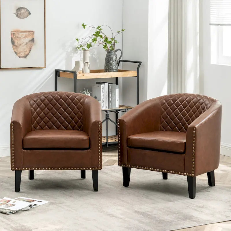 KINWELL 29 PU Faux Leather Club Armchair with Nailheads, Set of 2