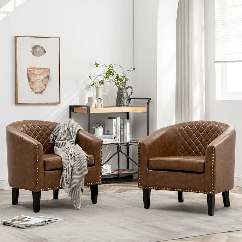 KINWELL 29 PU Faux Leather Club Armchair with Nailheads, Set of 2