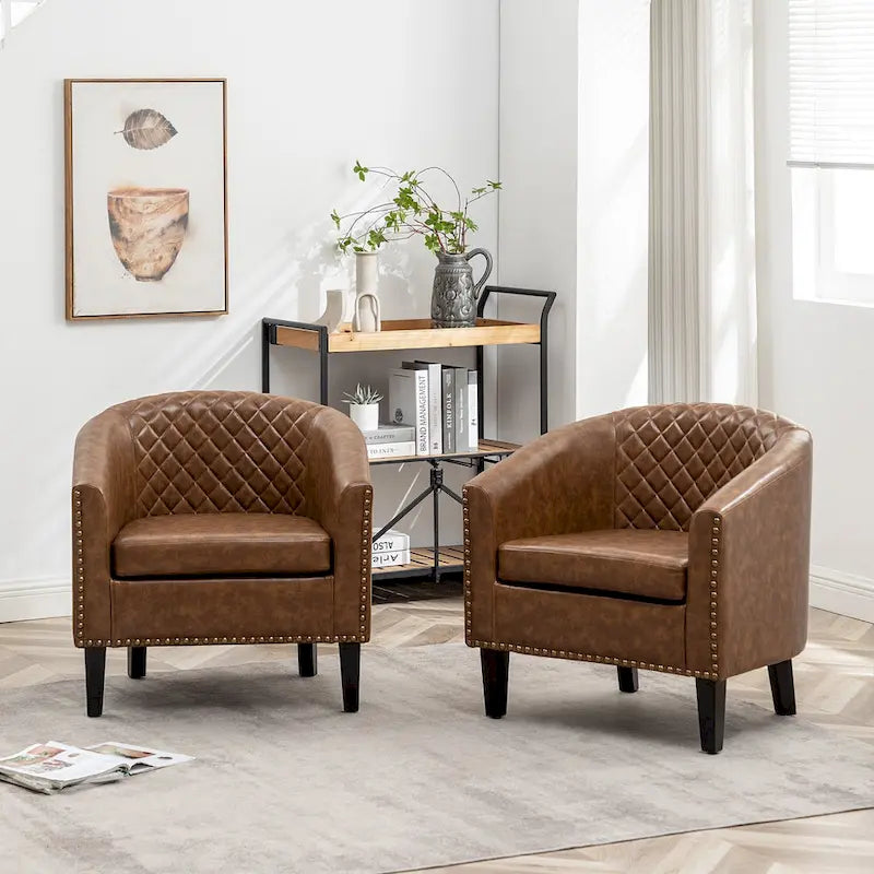 KINWELL 29 PU Faux Leather Club Armchair with Nailheads, Set of 2