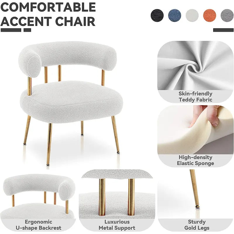Poltrona moderna glamour d’accento SEYNAR, comoda, imbottita, con schienale aperto e gambe dorate, per toeletta