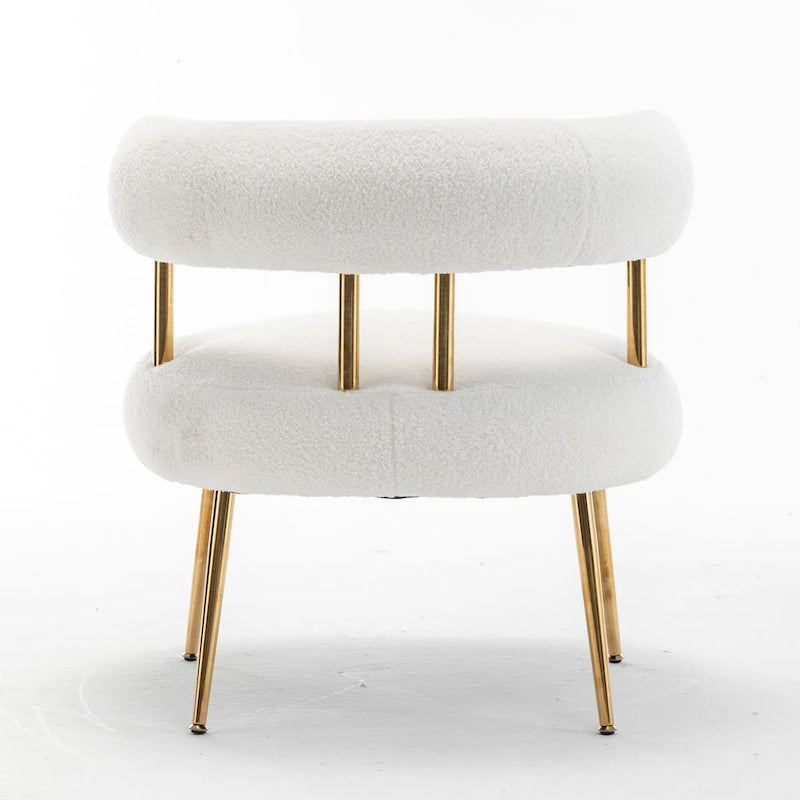 Poltrona moderna glamour d’accento SEYNAR, comoda, imbottita, con schienale aperto e gambe dorate, per toeletta