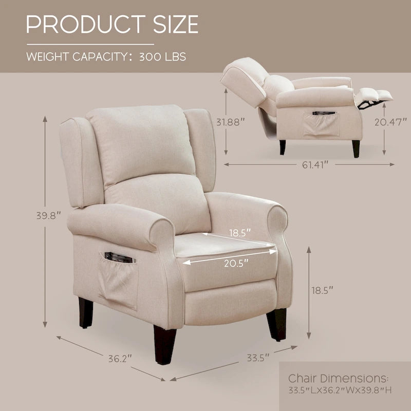 HOMYKA Polyested Upholstered Pushback Recliner Accent Chair Wingback Armchair