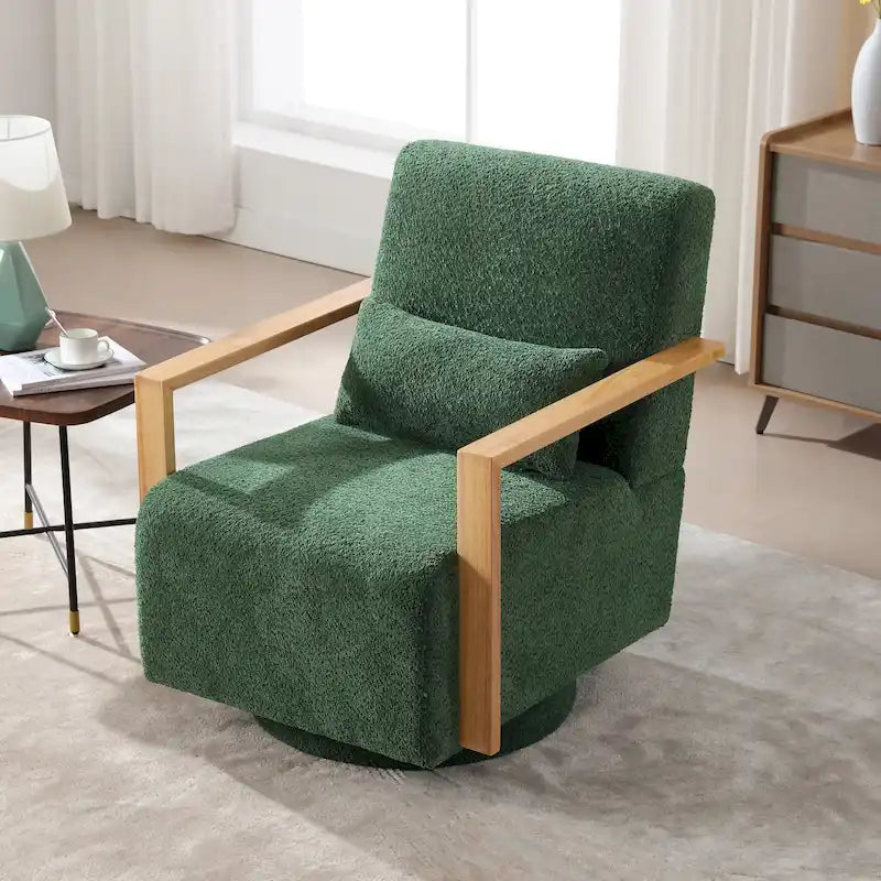 Sillón giratorio tapizado de bouclé moderno de mediados de siglo con almohada