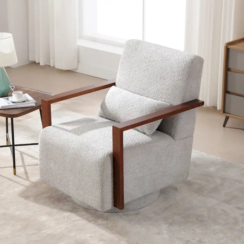 Sillón giratorio tapizado de bouclé moderno de mediados de siglo con almohada