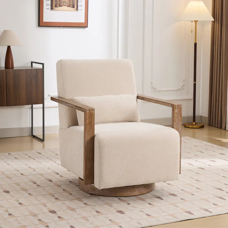 Sillón giratorio tapizado de bouclé moderno de mediados de siglo con almohada