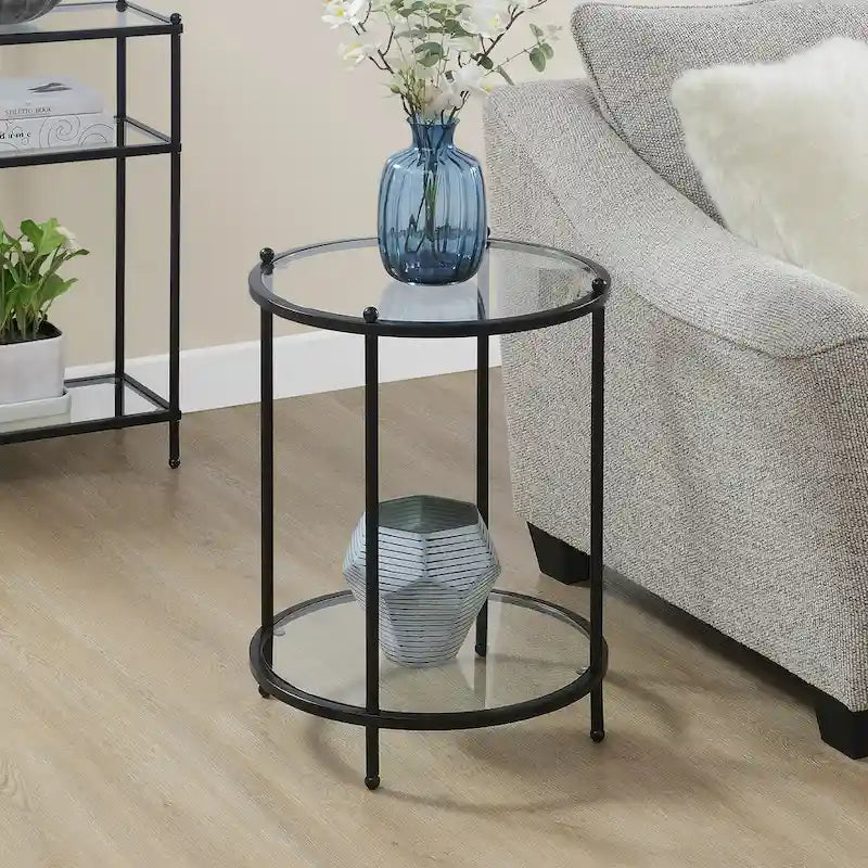 2 Tier Round Glass End Table with Shelf