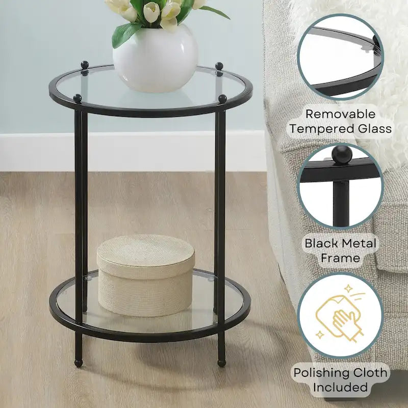 2 Tier Round Glass End Table with Shelf