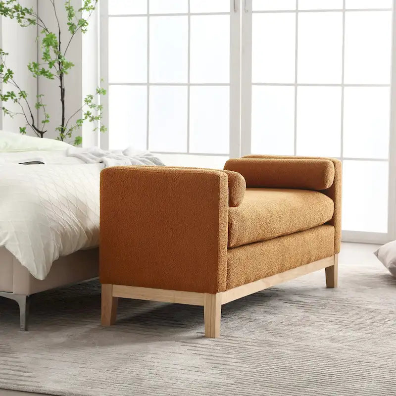 Ahşap Ayaklı Modern Bukle Kumaş Kaplı Yatak Odası Pufu