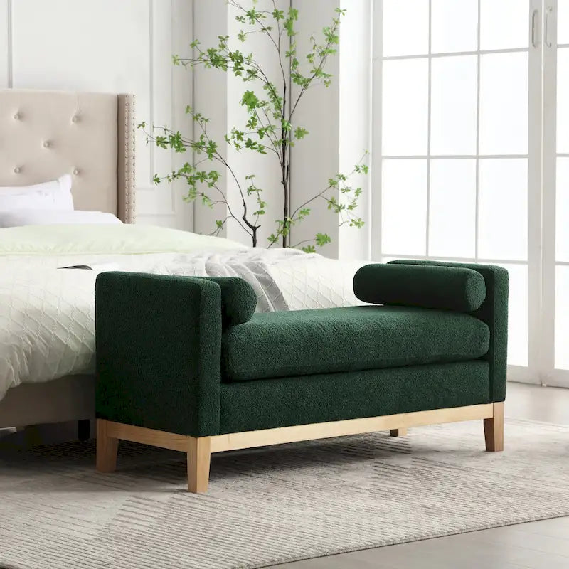 Ahşap Ayaklı Modern Bukle Kumaş Kaplı Yatak Odası Pufu