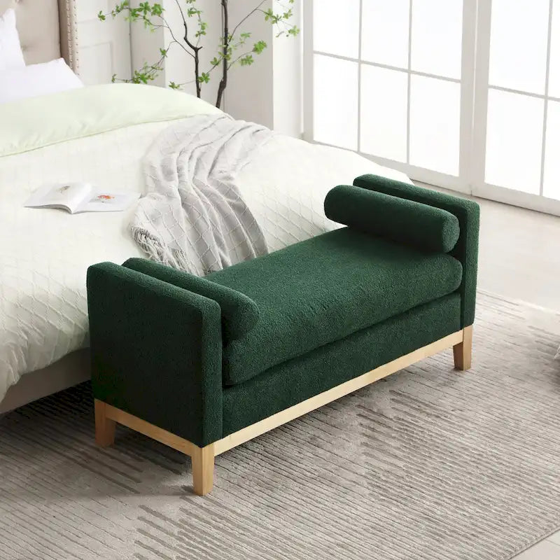 Ahşap Ayaklı Modern Bukle Kumaş Kaplı Yatak Odası Pufu