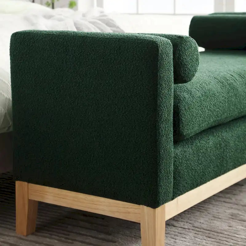 Ahşap Ayaklı Modern Bukle Kumaş Kaplı Yatak Odası Pufu