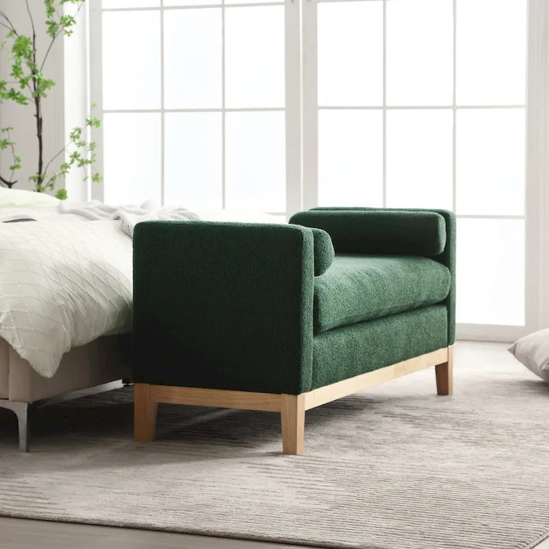 Ahşap Ayaklı Modern Bukle Kumaş Kaplı Yatak Odası Pufu