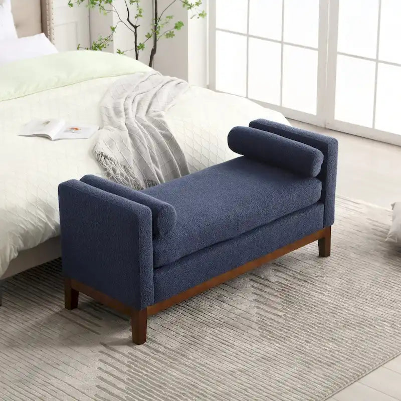 Ahşap Ayaklı Modern Bukle Kumaş Kaplı Yatak Odası Pufu