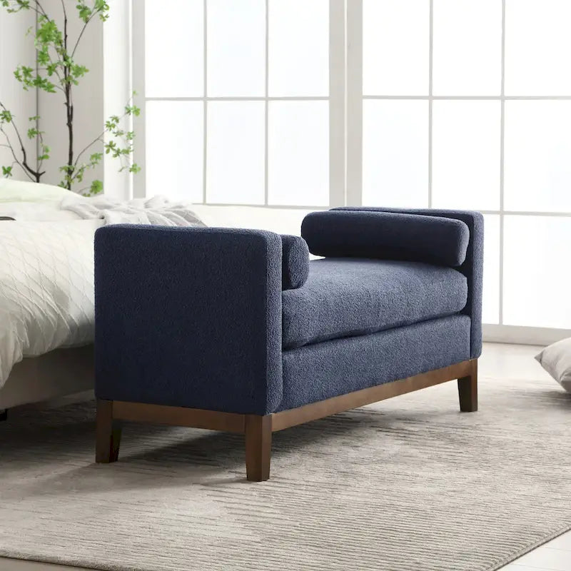Ahşap Ayaklı Modern Bukle Kumaş Kaplı Yatak Odası Pufu