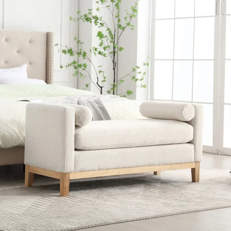 Ahşap Ayaklı Modern Bukle Kumaş Kaplı Yatak Odası Pufu
