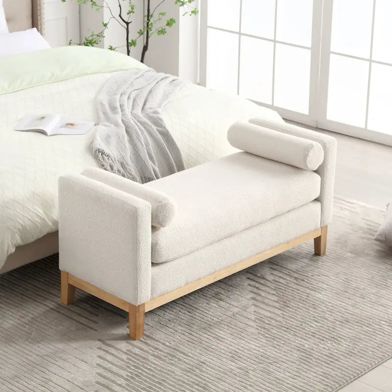 Ahşap Ayaklı Modern Bukle Kumaş Kaplı Yatak Odası Pufu