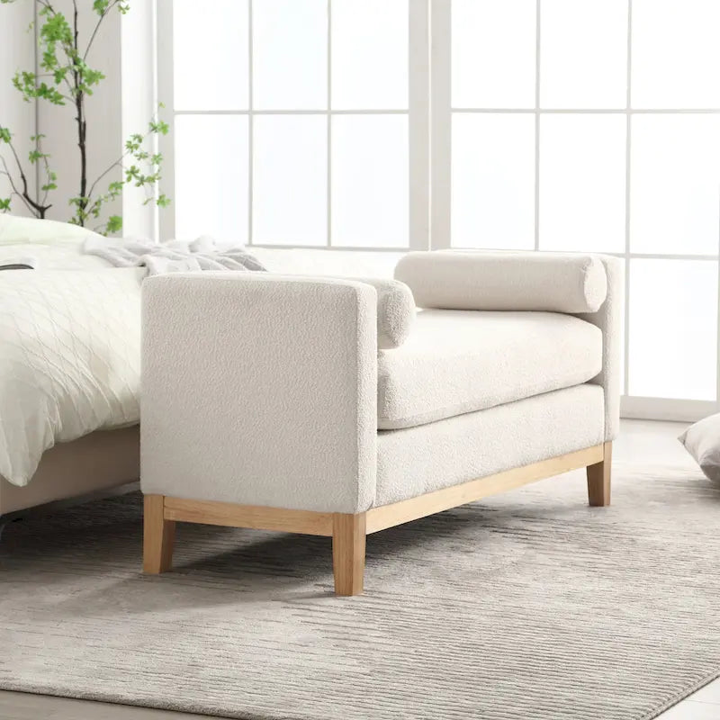 Ahşap Ayaklı Modern Bukle Kumaş Kaplı Yatak Odası Pufu