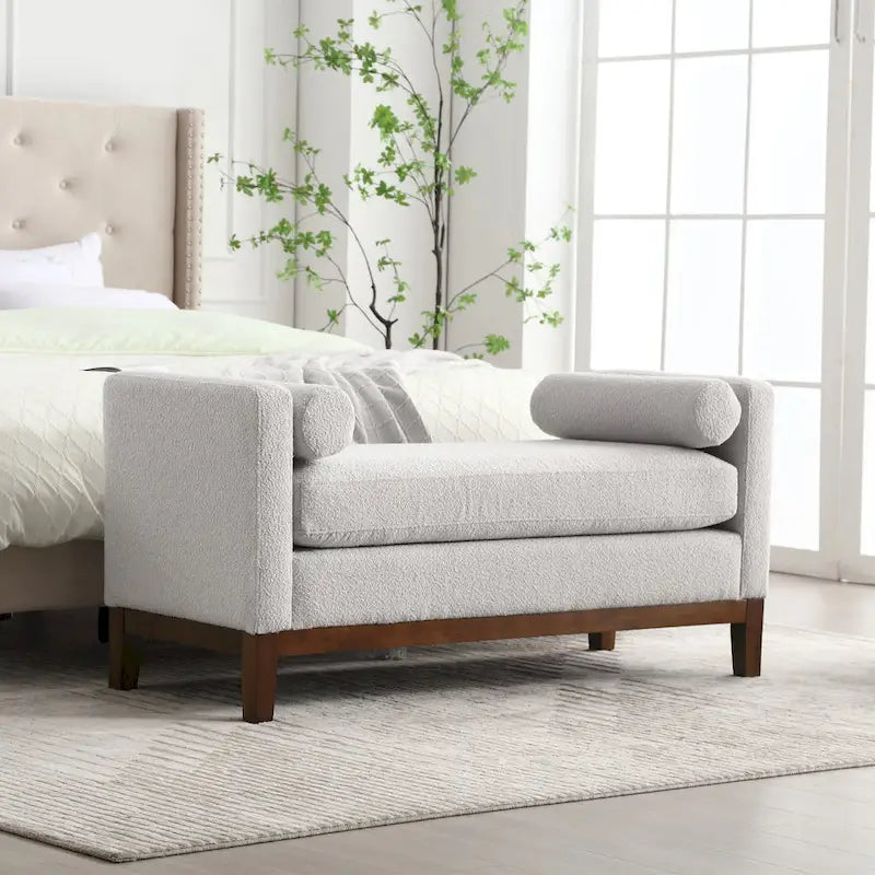 Ahşap Ayaklı Modern Bukle Kumaş Kaplı Yatak Odası Pufu