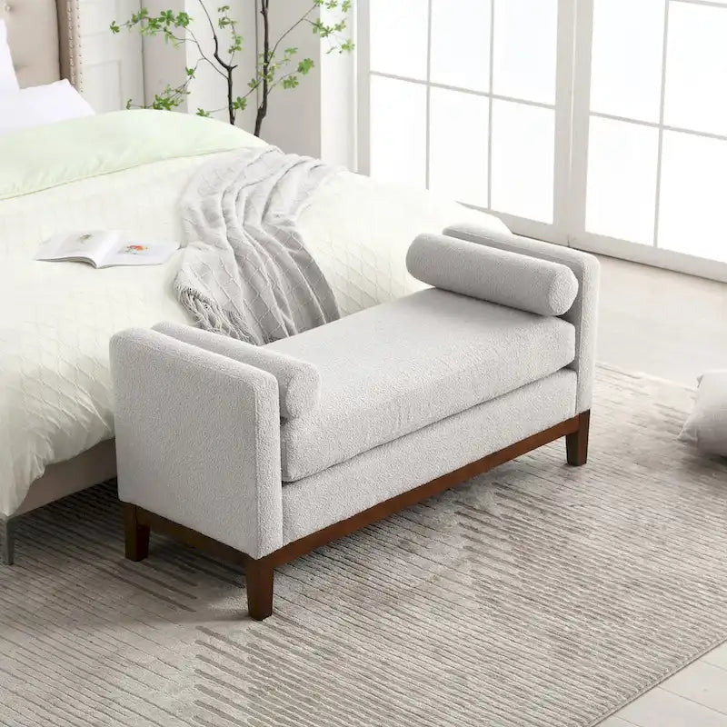 Ahşap Ayaklı Modern Bukle Kumaş Kaplı Yatak Odası Pufu